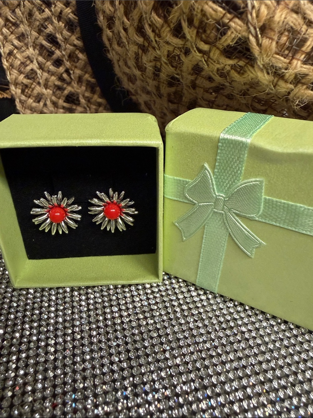Red Sunburst Silver Stud Earrings - Women Jewelry